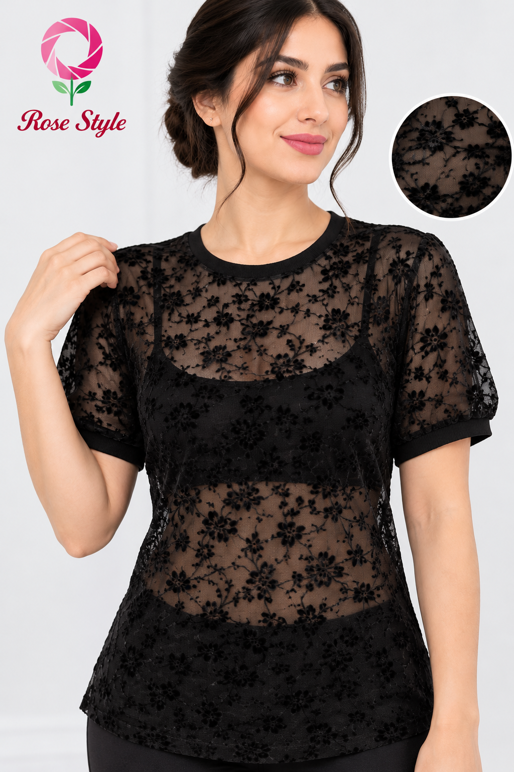تیشرت زنانه مشکی گل برجسته رزاستایل۱۱۶۸3